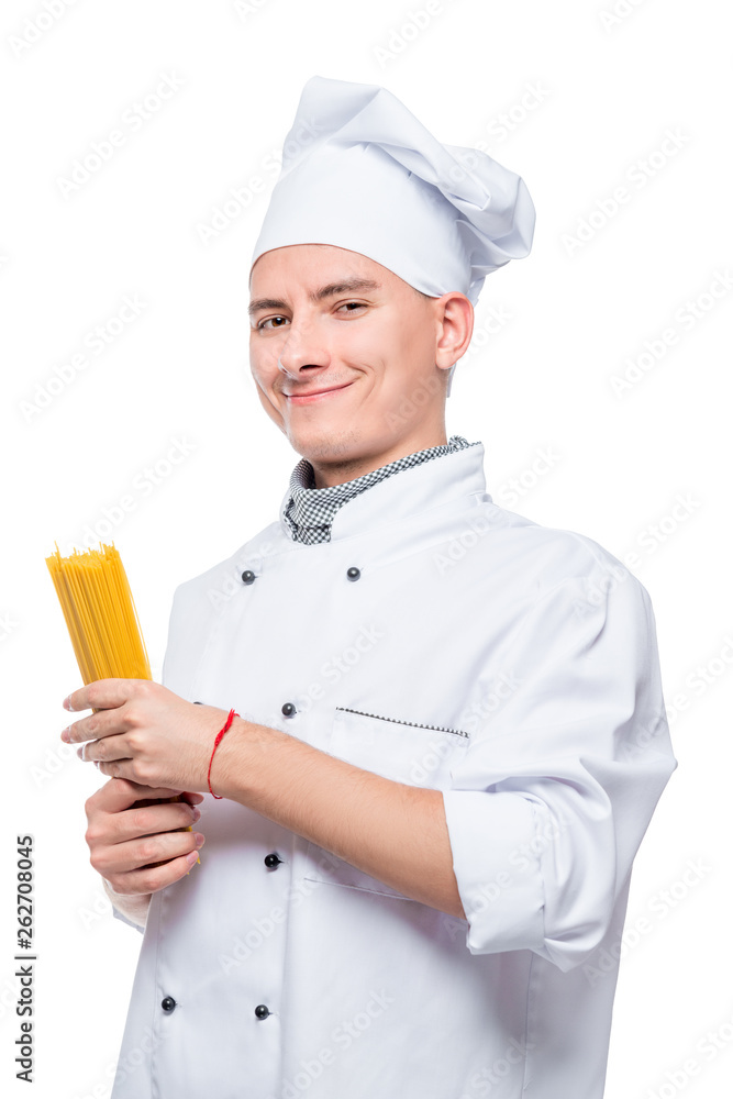 portrait of a cook with spaghetti, portrait isolated on white background portrait of a cook with spaghetti, portrait isolated on white background