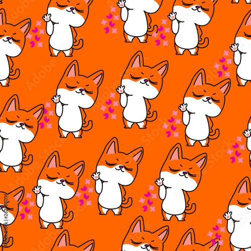 Self-confident ginger kitten throws the flowers. Kids seamless pattern with kittens on orange background.