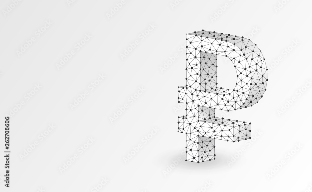 Ruble currency sign, digital origami 3d illustration. Polygonal Vector Russian money symbol. Business, data cash, finance concept. Low poly wireframe, triangle, lines, dots, polygons. White background