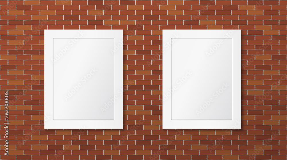 Two white frames on a brick wall. Vector picture frames layout Two white frames on a brick wall. Vector picture frames layout