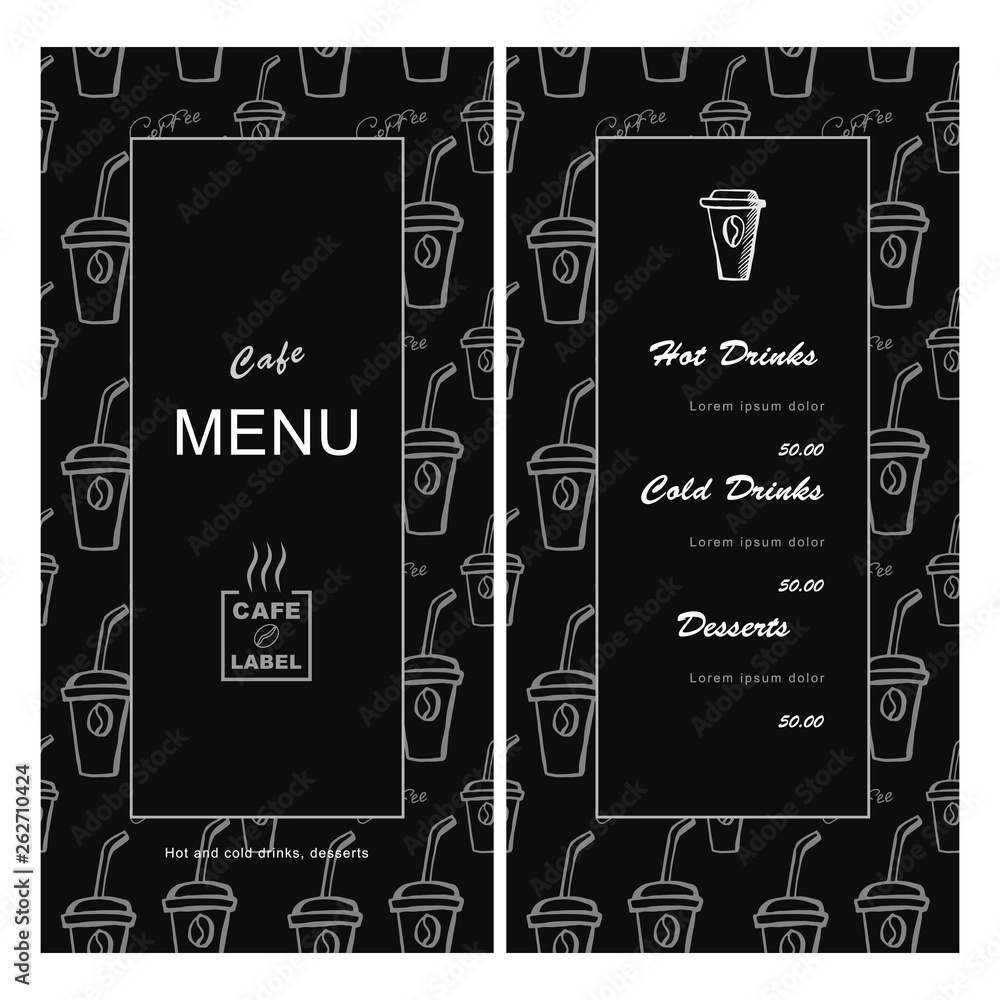 Menu template for cafe, coffee house, bar, bistro. hand-drawn vector illustration on black background