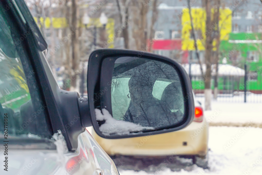 dirty automobile mirror in the winter dirty automobile mirror in the winter