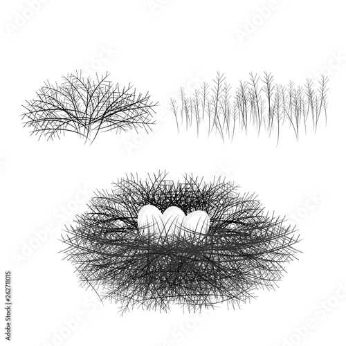 Bird nest with branches, egg card, Eggs in a basket, branch, easter eggs. Isolated vector illustration.