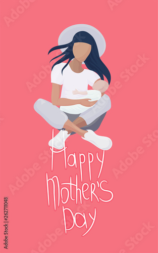 Happy Mother Day poster or banner template with young mom and a baby. Mother Day vector illustration.