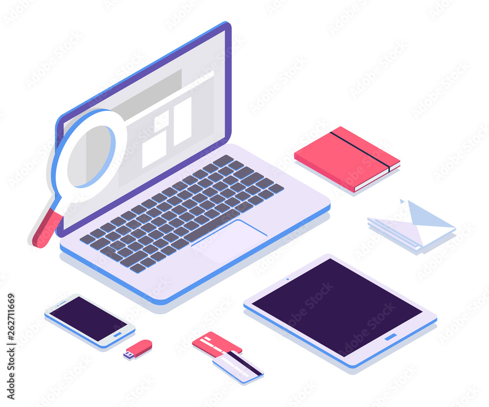 Isometric vector set of computer, laptop, tablet, smart-phone, book, usb, credit cards. Work space or desk, 3d devices on modern white background. Isometric vector set of computer, laptop, tablet, smart-phone, book, usb, credit cards. Work space or desk, 3d devices on modern white background.