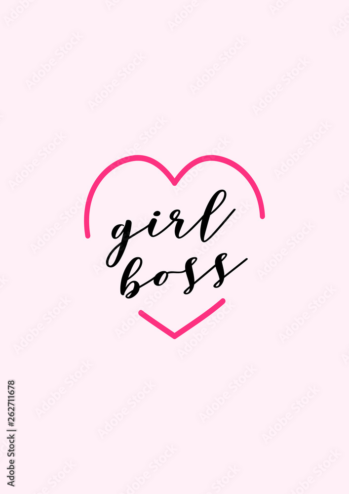 Girl boss illustration with pink heart. 