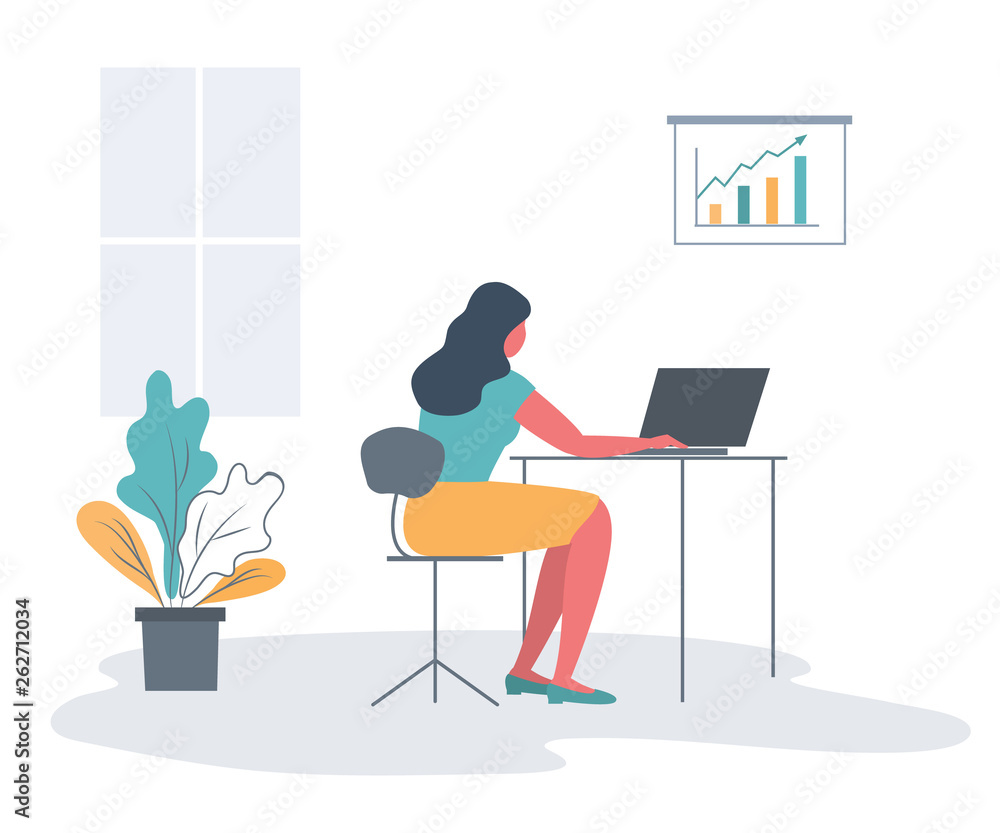 Office worker in the workplace. Back view. Young woman is sitting at the desk on a window background. There is a laptop, a diagram and a flower in the picture. Funky flat style. Vector Office worker in the workplace. Back view. Young woman is sitting at the desk on a window background. There is a laptop, a diagram and a flower in the picture. Funky flat style. Vector