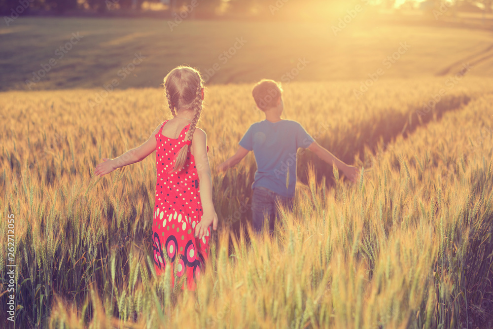 children, a boy and a girl, go into the distance over a yellow wheat field, with their arms apart, hugging nature, in backlight, the concept children, a boy and a girl, go into the distance over a yellow wheat field, with their arms apart, hugging nature, in backlight, the concept