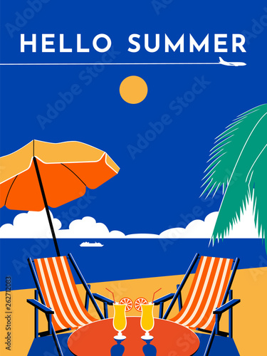 Hello Summer travel poster. Sunny day, beach, sea, umbrella, chair, chaise longue, cocktail, palm tree, plane, sky, cruise liner. Vector flat illustration.