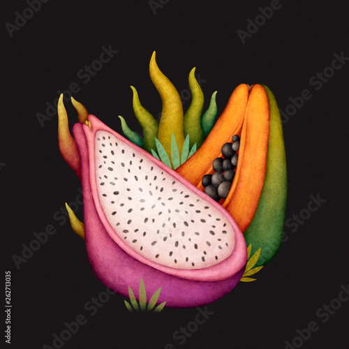 Exotic fruits. Tropical fruits. Dragon fruit and papaya
