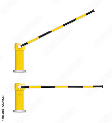 Detailed vector illustration of a black and yellow striped car barrier with stop sign.