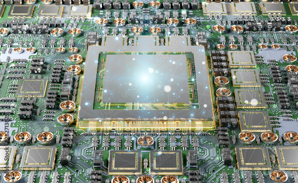 Close-up view of a modern GPU card with connections 3D rendering