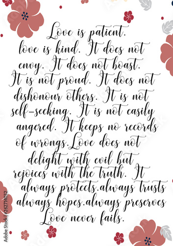 Obraz na płótnie Love is beautiful, love is kind. Love poem with floral border