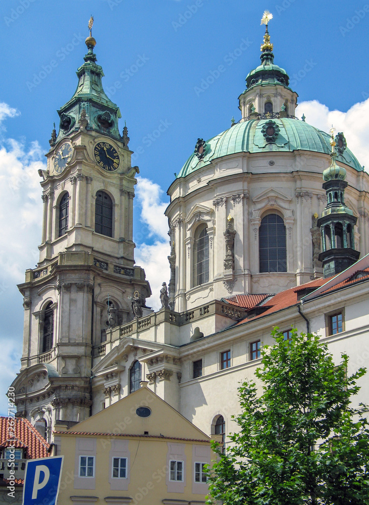 Bell tower of st.Nicholas church, baroque church in the Lesser Town of Prague, Czech Republic