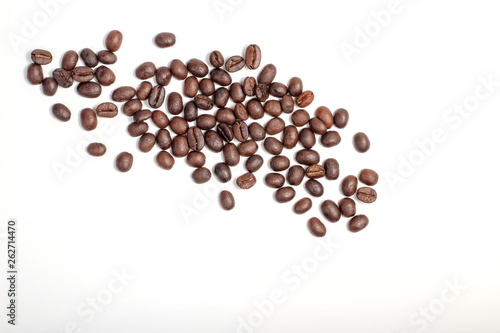 Roasted coffee beans  dark Roast coffee background. Closeup top view pile of coffee beans on white background  space for text