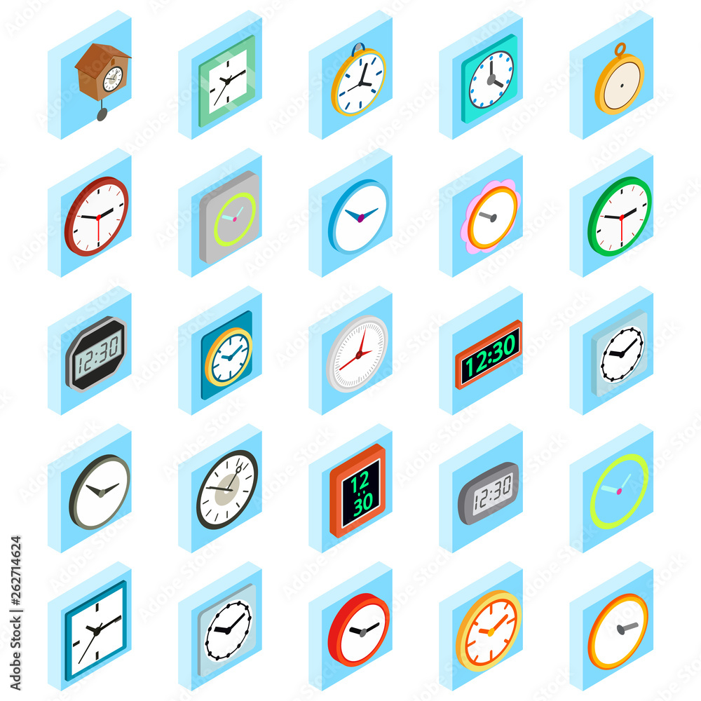 Wall clock icons set. Isometric set of 25 wall clock vector icons for web isolated on white background Wall clock icons set. Isometric set of 25 wall clock vector icons for web isolated on white background