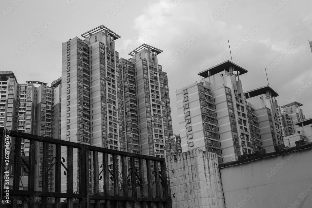Black and white view on a district with numerous apartment towers in Tianjin, China