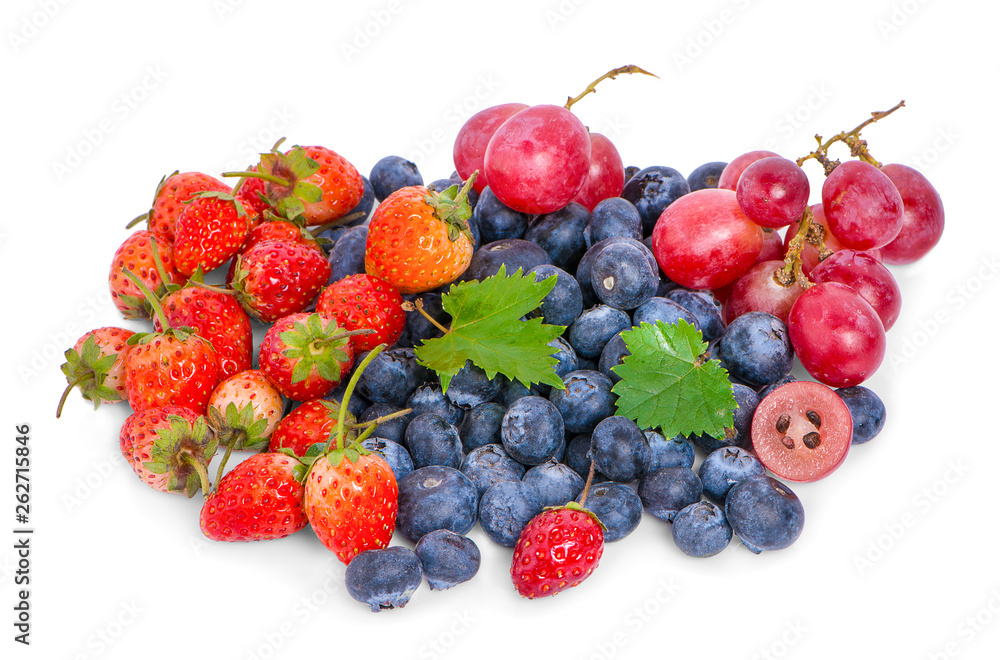 Mix berries isolated on a white. Ripe blueberries, red currants, raspberries and strawberries. Various fresh summer berries on white background. - Image Mix berries isolated on a white. Ripe blueberries, red currants, raspberries and strawberries. Various fresh summer berries on white background. - Image