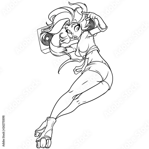 High detail outline of a anime girl on roller skates with boombox on her shoulder