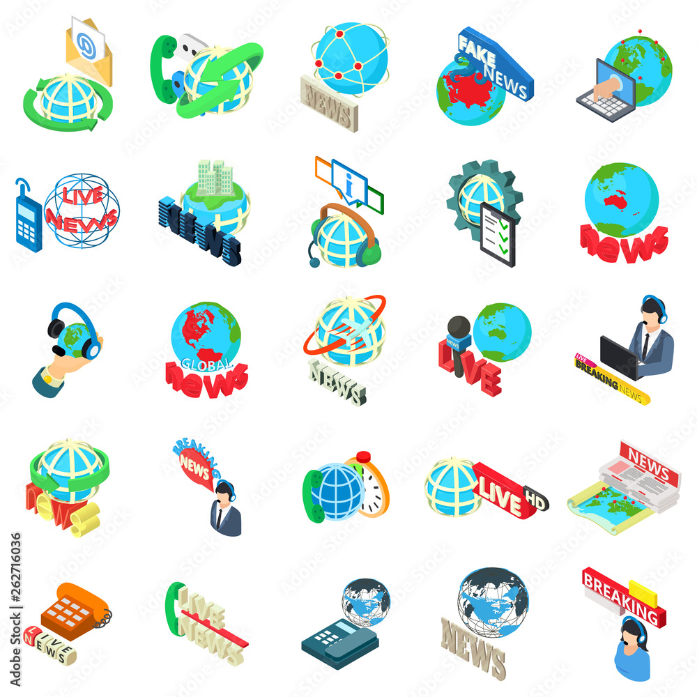 World news icons set. Isometric set of 25 world news vector icons for web isolated on white background