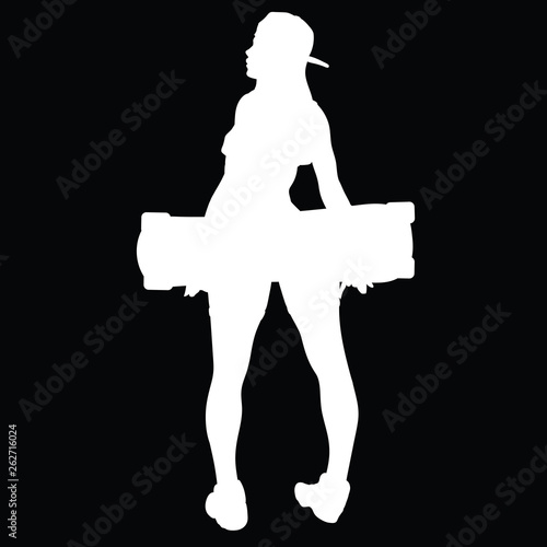 Hot woman with snapback on her head is holding a longboard