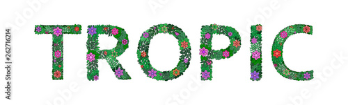 Inscription TROPIC made of flowers, branches and leaves. Floral spring alphabet. Set of letters on a white background. Protection of Nature. Vector.