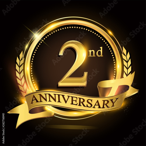 2nd golden anniversary logo with ring and ribbon, laurel wreath vector design.
