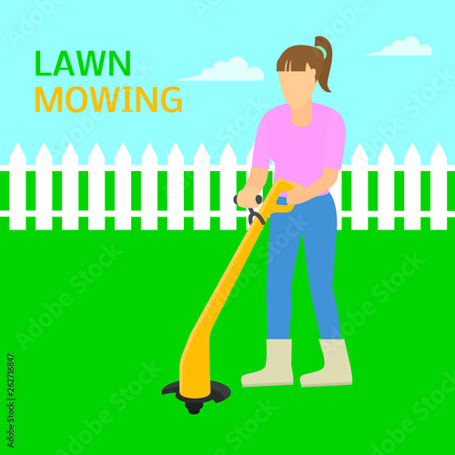 Woman lawn mowing trimmer concept background. Flat illustration of woman lawn mowing trimmer vector concept background for web design