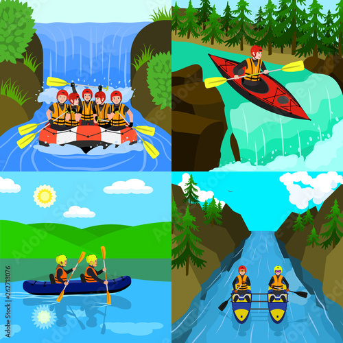 Rafting banner set. Flat illustration of rafting vector banner set for web design