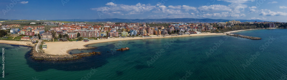 Panoramic view from the air to the sea resort Ravda on the Bulgarian Black Sea coast