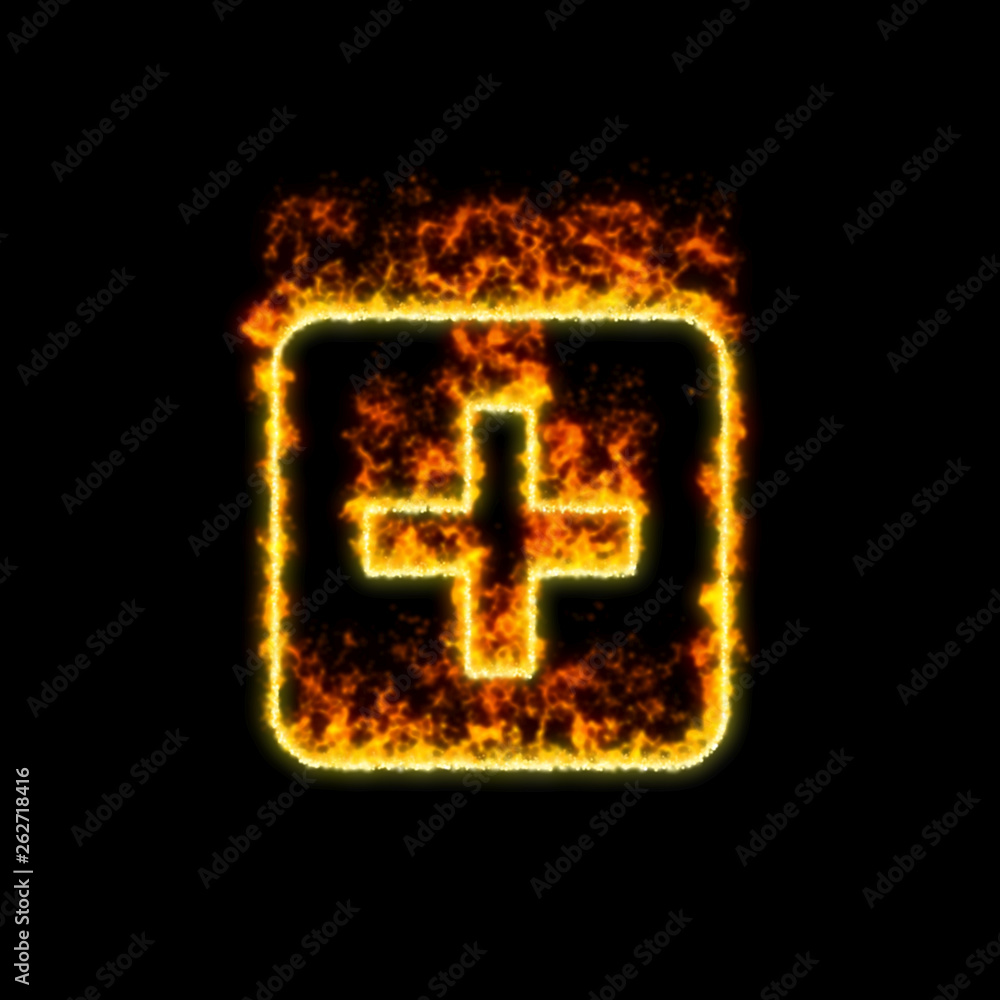 The symbol plus square burns in red fire The symbol plus square burns in red fire