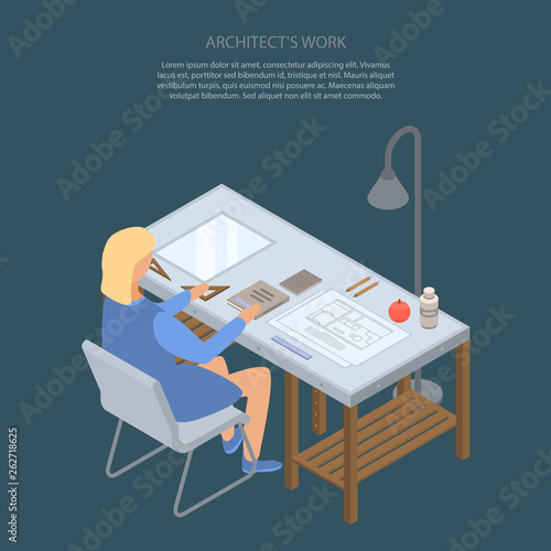 Architect work concept background. Isometric illustration of architect work vector concept background for web design