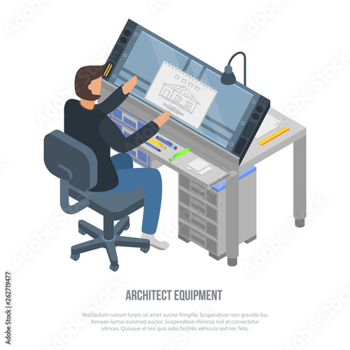 Architect equipment concept background. Isometric illustration of architect equipment vector concept background for web design