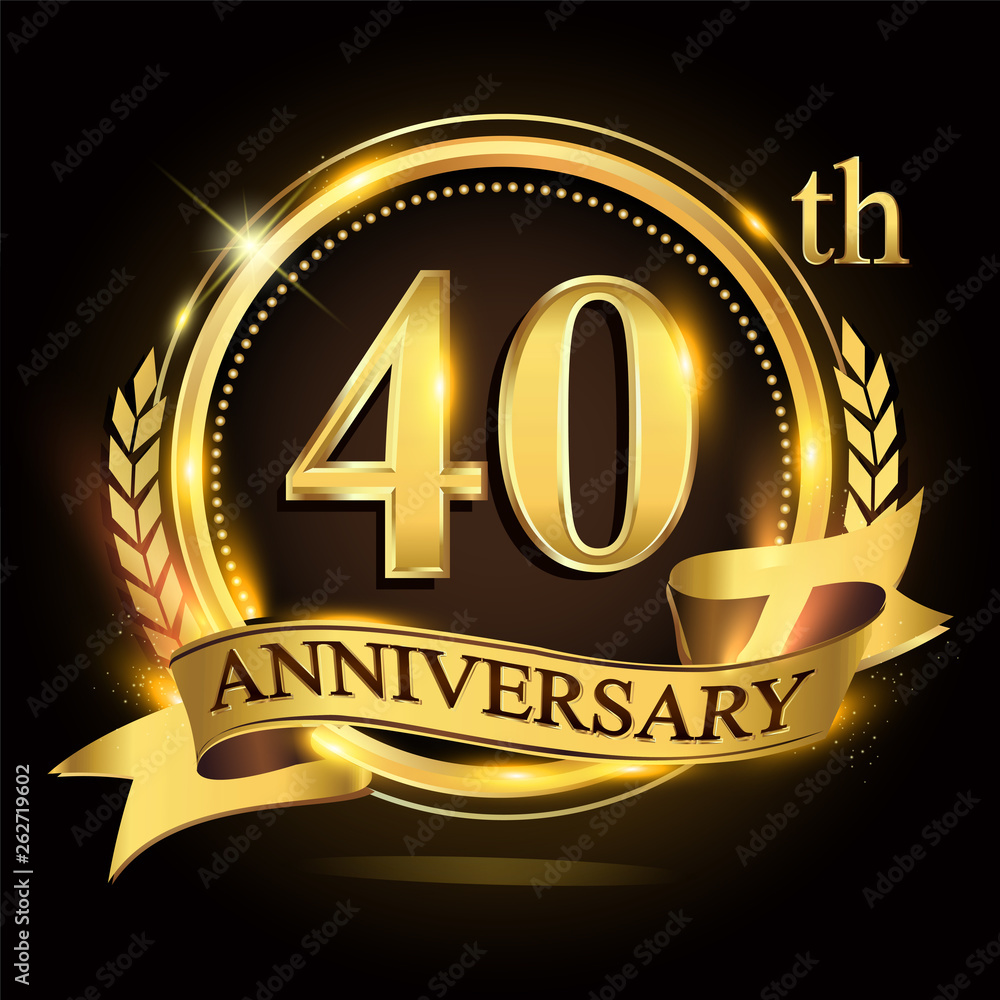 40th golden anniversary logo with ring and ribbon, laurel wreath vector design. 40th golden anniversary logo with ring and ribbon, laurel wreath vector design.