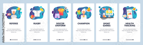 Mobile app onboarding screens. Sport referee, rugby and soccer uniform, sportsman health profile . Menu vector banner template for website and mobile development. Web site design flat illustration