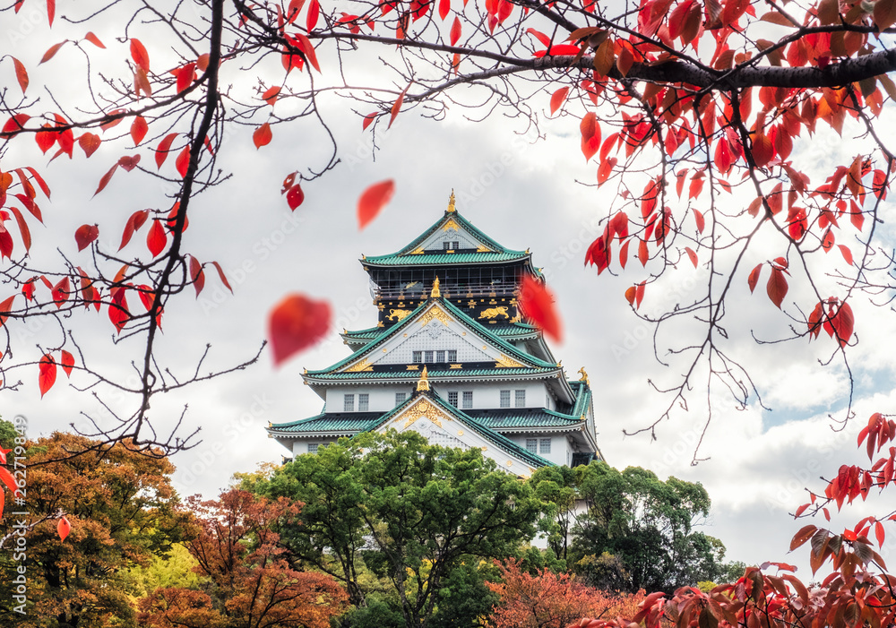Architecture Osaka castle with red leaves falling in autumn park at Kyoto Architecture Osaka castle with red leaves falling in autumn park at Kyoto