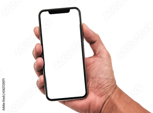 Hand holding, New version of black slim smartphone similar to iphone x with blank white screen from Apple generation 10 , Front mockup model similar to iPhonex , Background of digital economy.