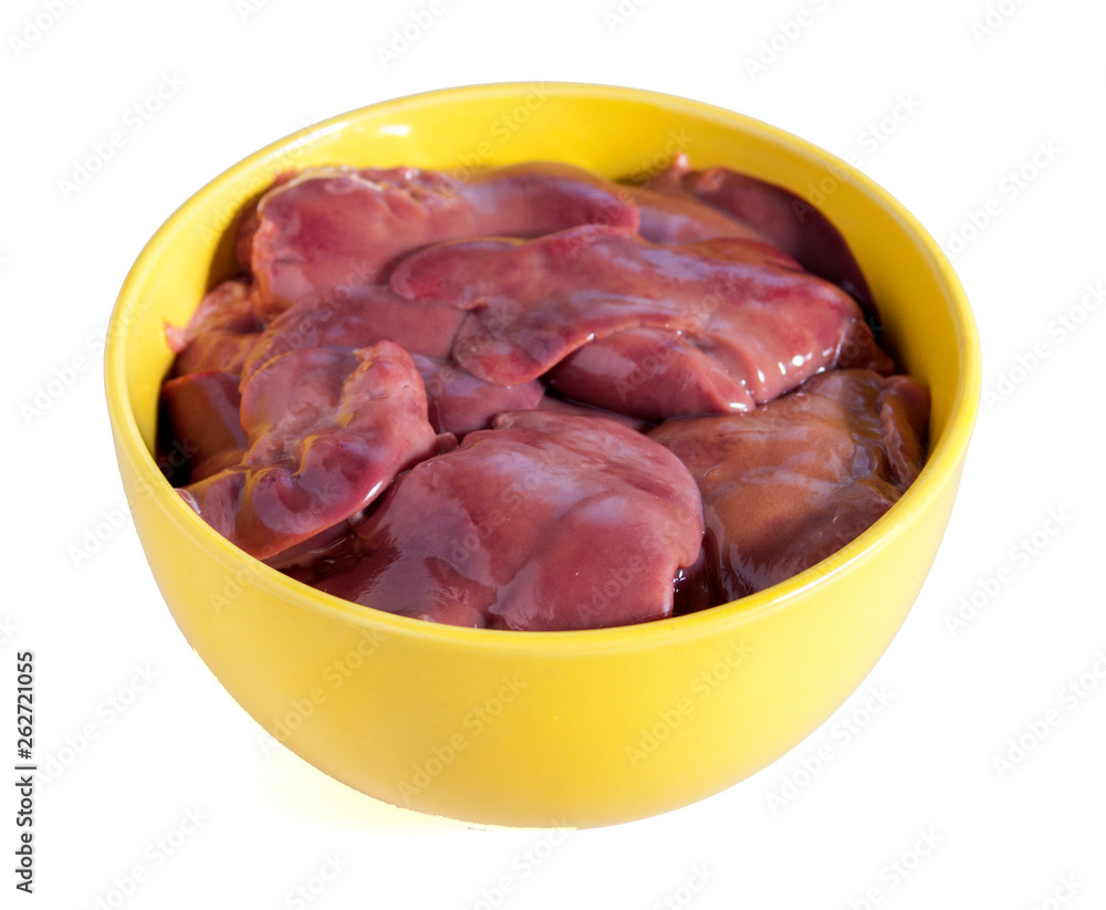 Raw chicken liver in a yellow bowl on a white background. Isolated. Raw chicken liver in a yellow bowl on a white background. Isolated.