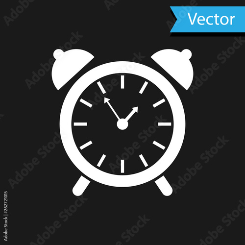 White Alarm clock icon isolated on black background. Wake up, get up concept. Time sign. Vector Illustration