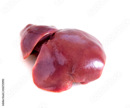 Raw chicken liver on a white background. Isolated. Close-up.