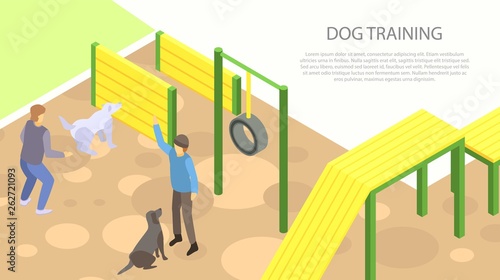 Dog training concept banner. Isometric illustration of dog training vector concept banner for web design