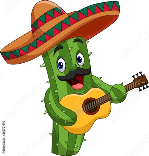 Cartoon Mexican Cactus playing guitar