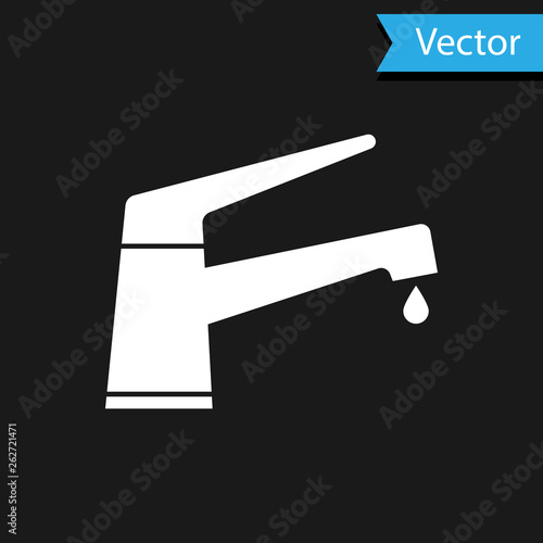 White Water tap with a falling water drop icon isolated on black background. Vector Illustration