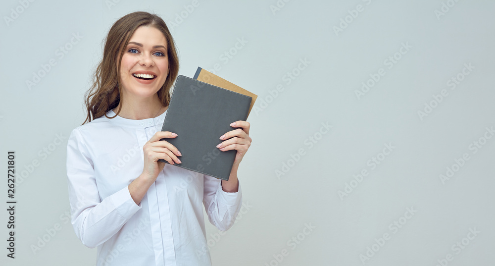 businesswoman accountant wearing white shirt holding book businesswoman accountant wearing white shirt holding book