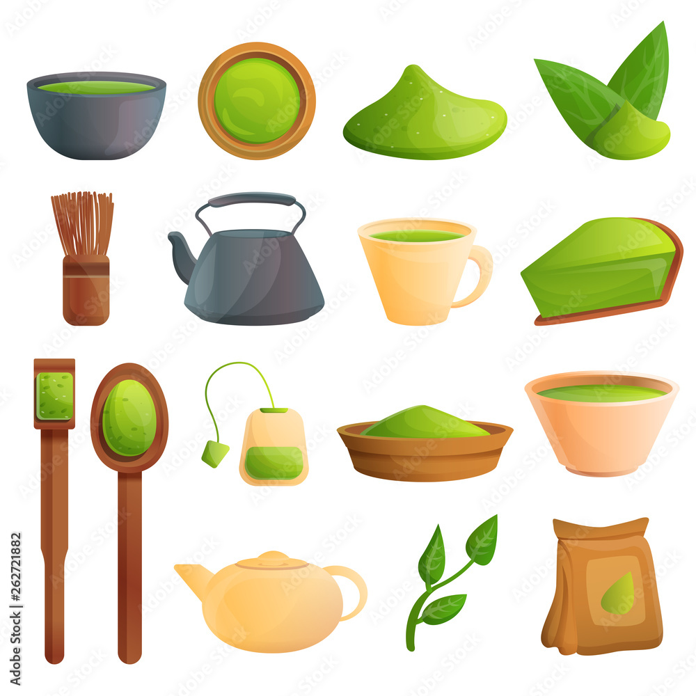 Matcha tea icons set. Cartoon set of matcha tea vector icons for web design Matcha tea icons set. Cartoon set of matcha tea vector icons for web design