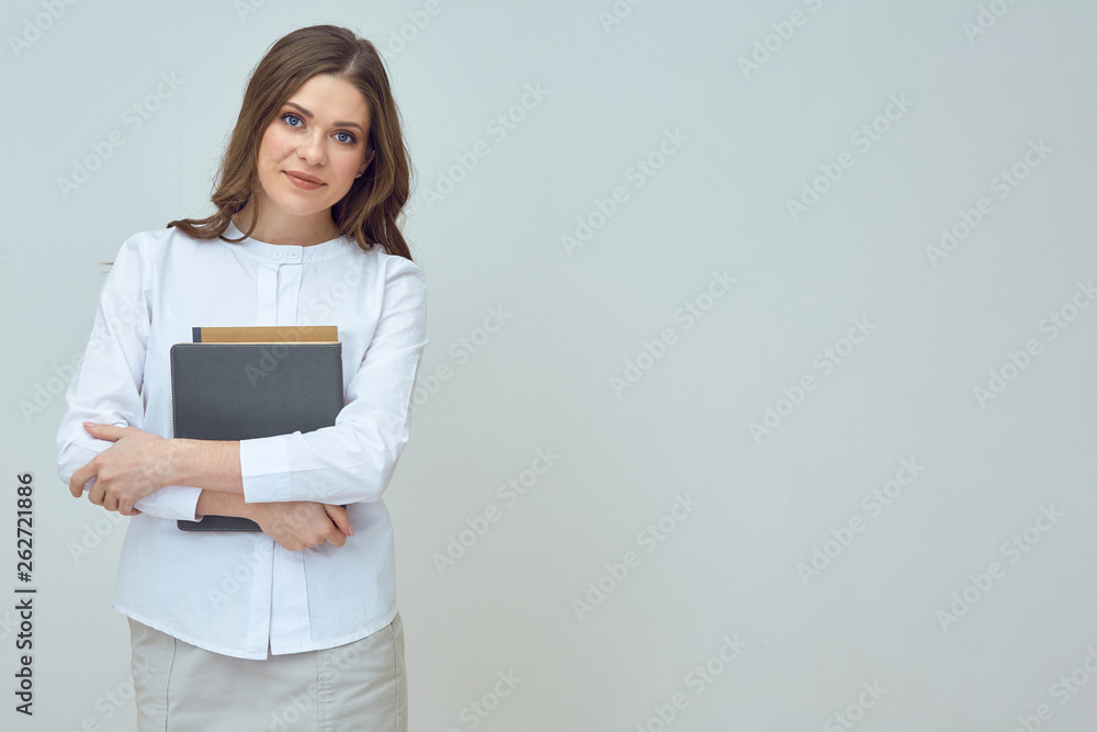 woman teacher or businesswoman holding book.