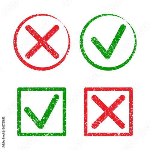Tick and cross grunge rubber stamp solated on white background.  GREEN TICK  AND RED CROSS.  Four stamps frames. Flat design. Vector illustration EPS10.