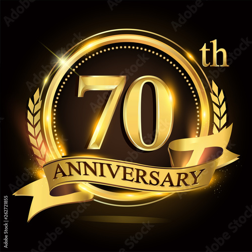 70th golden anniversary logo with ring and ribbon, laurel wreath vector design.