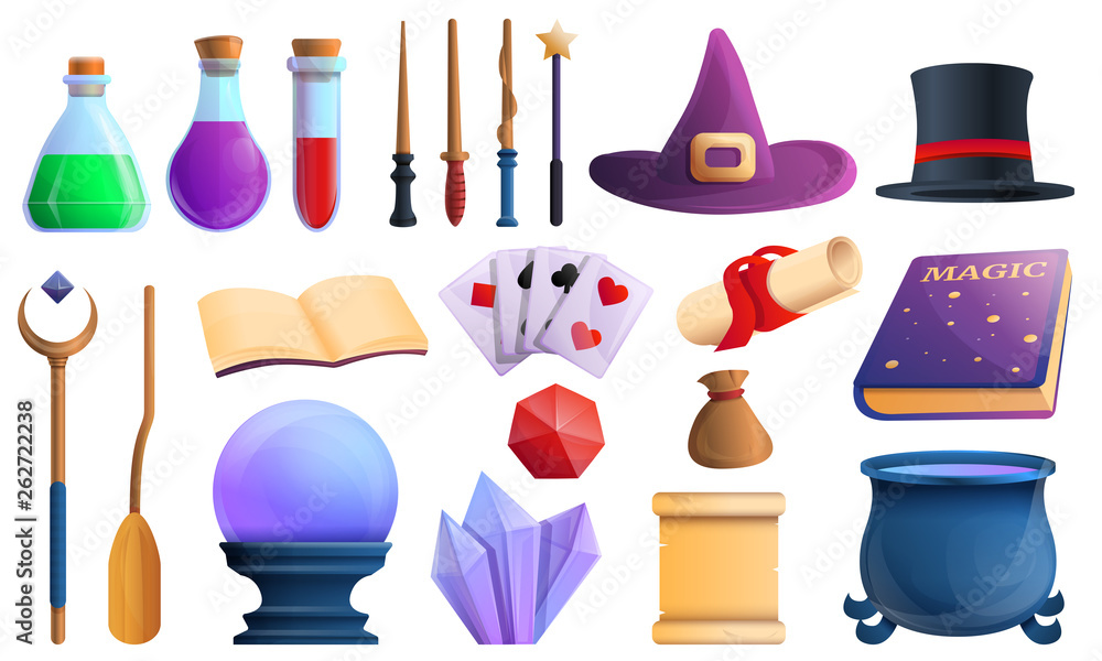 Obraz premium Wizard tools icons set. Cartoon set of wizard tools vector icons for web design