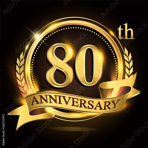 80th golden anniversary logo with ring and ribbon, laurel wreath vector design.